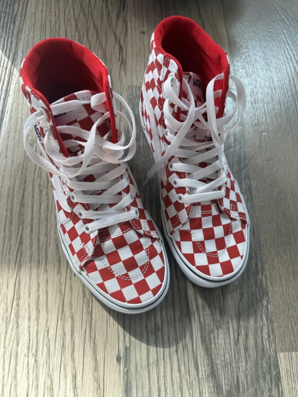 Vans Fillmore Hi checkerboard red‎ and white sneakers women’s size 7